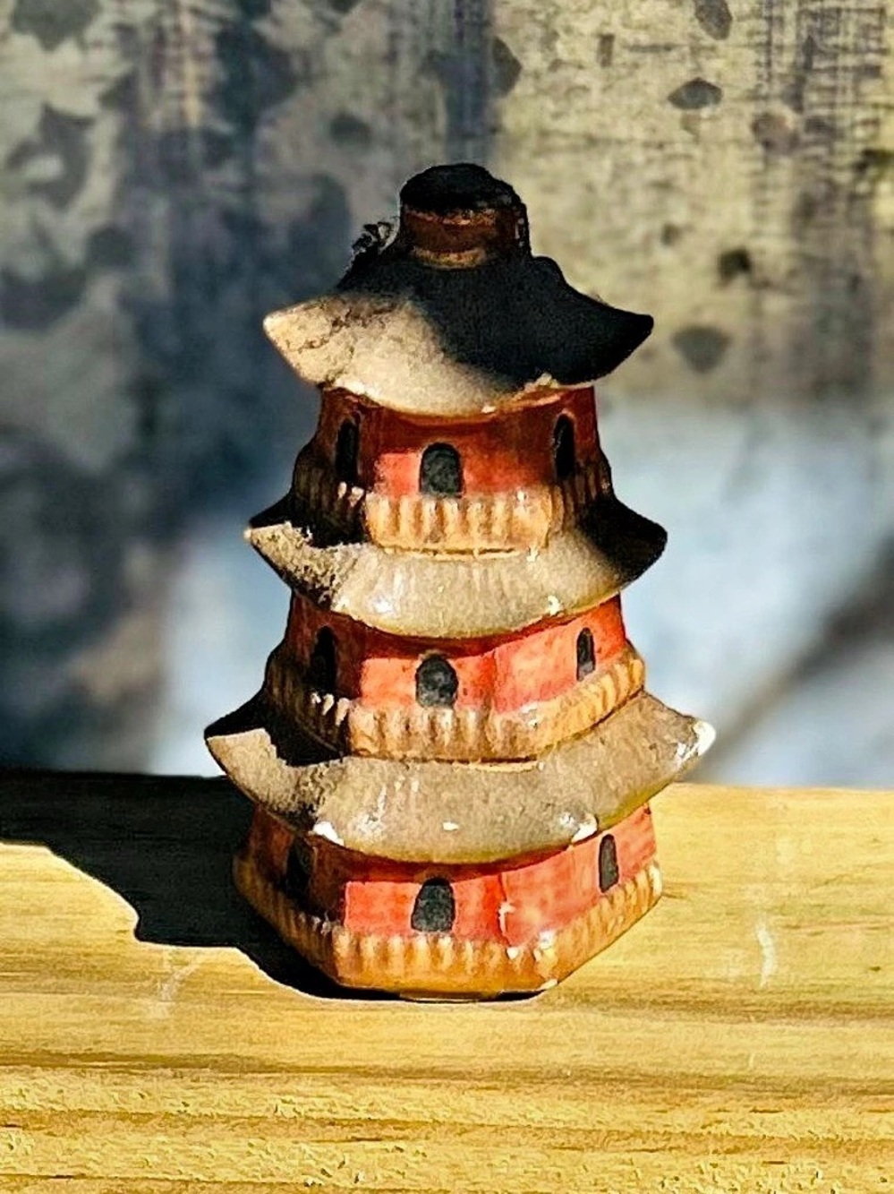 Hand-Painted Ceramic Pagoda Figurine, Brown & Orange